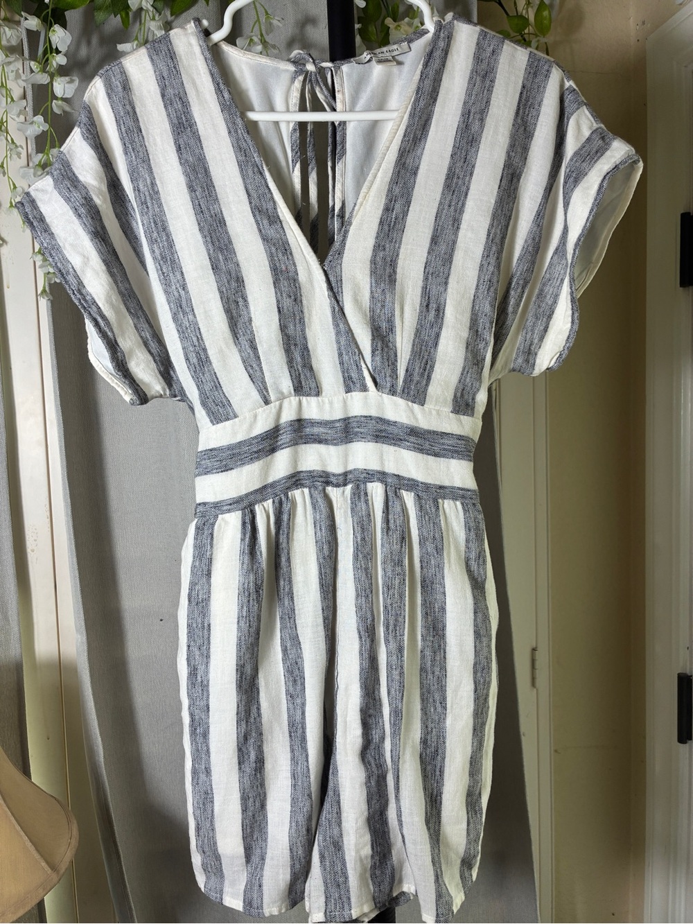 American Eagle Outfitters Striped V-Neck Romper in White and Gray